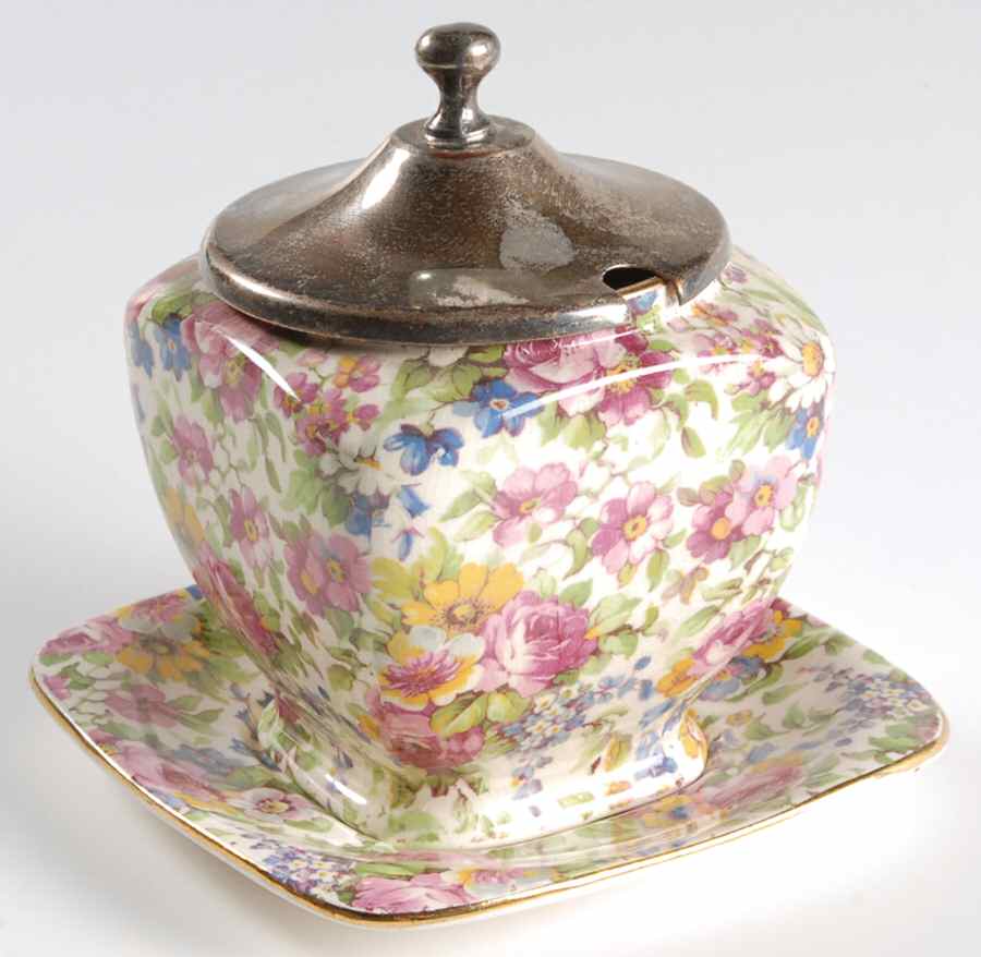Summertime (Pre 1960, Cream Background, Gold Trim) Underplate for Jam/Jelly & Metal Lid by Royal Winton-1