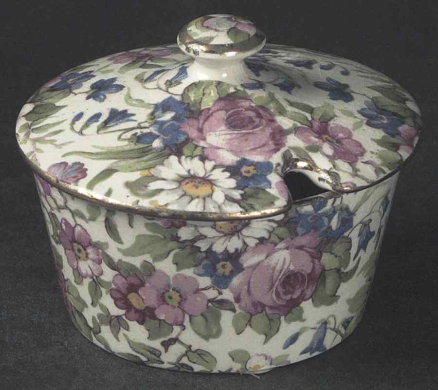 Summertime (Pre 1960, Cream Background, Gold Trim) Mustard Jar & Lid by Royal Winton-1