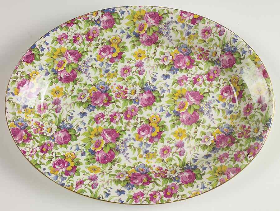 Summertime (Pre 1960, Cream Background, Gold Trim) 11" Oval Serving Platter by Royal Winton-1