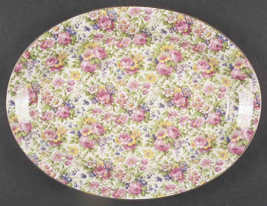 Summertime (Pre 1960, Cream Background, Gold Trim) 12" Oval Serving Platter by Royal Winton-1
