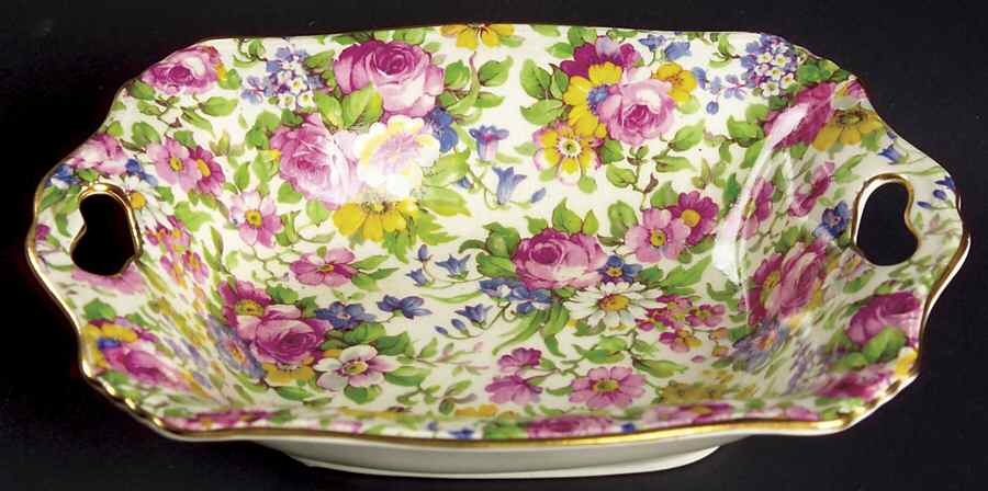 Summertime (Pre 1960, Cream Background, Gold Trim) 6" Square Nut Dish by Royal Winton-1