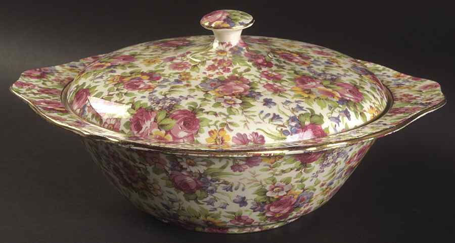 Summertime (Pre 1960, Cream Background, Gold Trim) Round Covered Vegetable by Royal Winton-1
