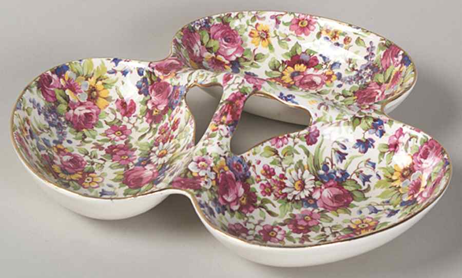 Summertime (Pre 1960, Cream Background, Gold Trim) 3-Part Relish by Royal Winton-1