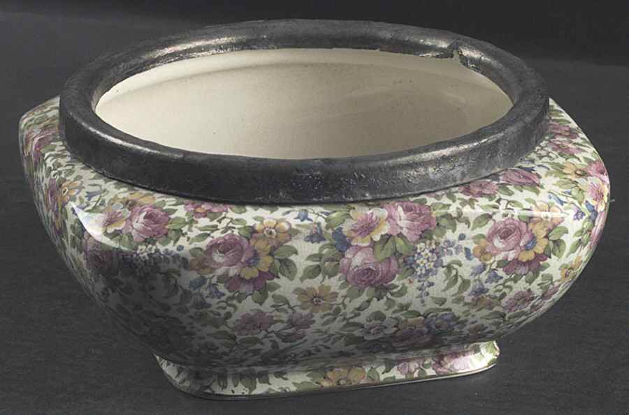 Summertime (Pre 1960, Cream Background, Gold Trim) 7" Salad Serving Bowl W/Metal Rim by Royal Winton-1