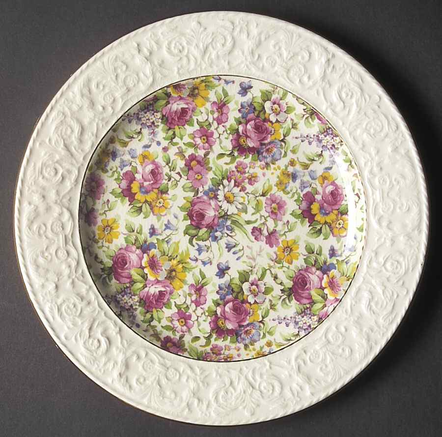 Summertime (Pre 1960, Cream Background, Gold Trim) Round Salad Plate w/Wedgwood Border by Royal Winton-1