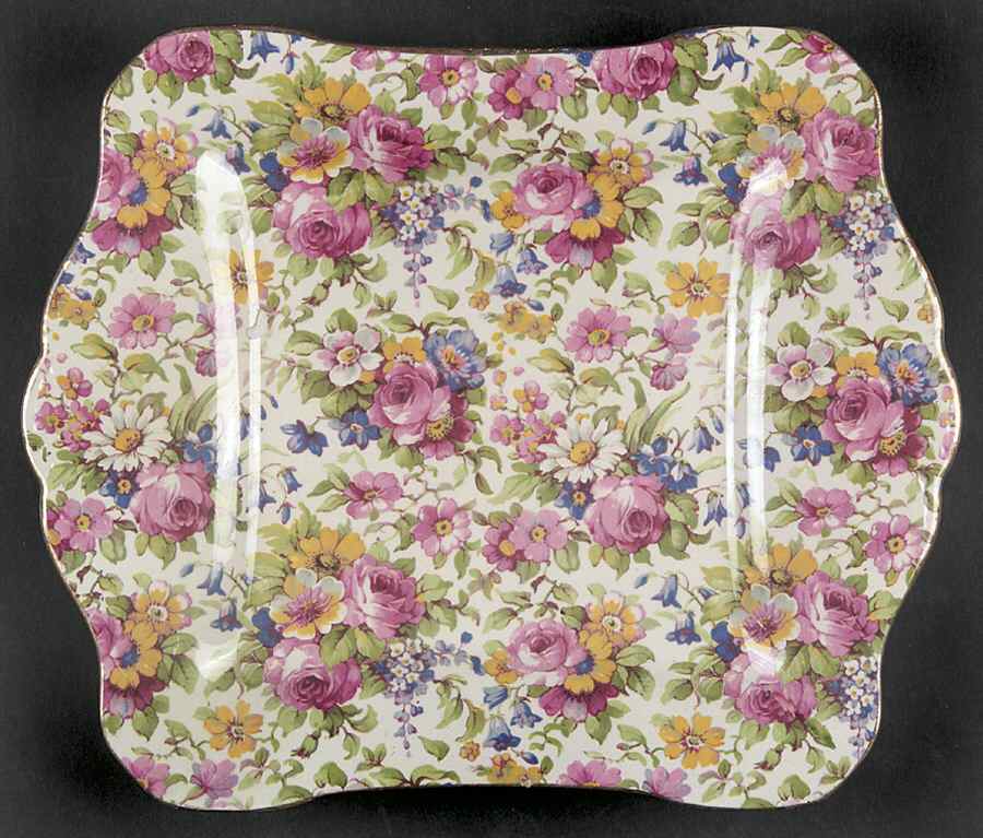 Summertime (Pre 1960, Cream Background, Gold Trim) 8" Square Tray by Royal Winton-1