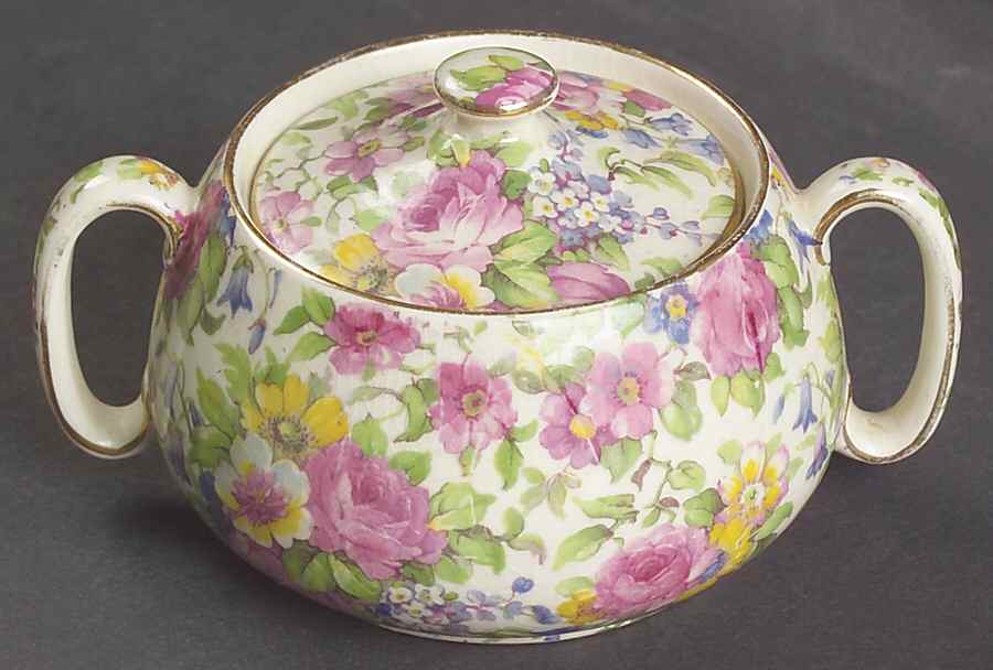 Summertime (Pre 1960, Cream Background, Gold Trim) Countess Sugar Bowl and Lid by Royal Winton-1