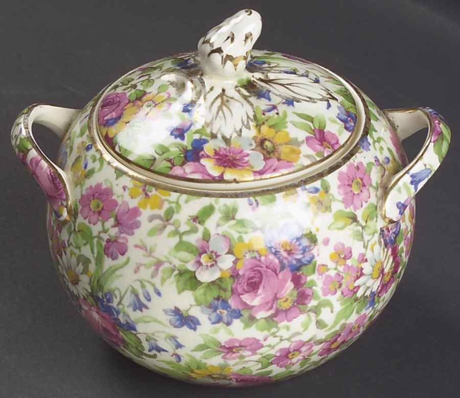 Summertime (Pre 1960, Cream Background, Gold Trim) Elite Sugar Bowl & Lid by Royal Winton-1