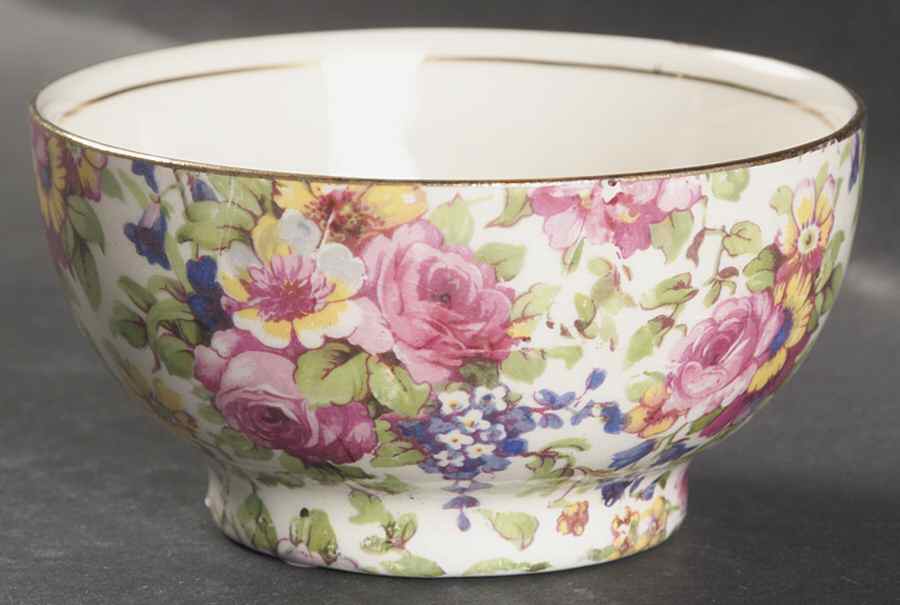 Summertime (Pre 1960, Cream Background, Gold Trim) Huntsmere Shape Open Sugar Bowl by Royal Winton-1