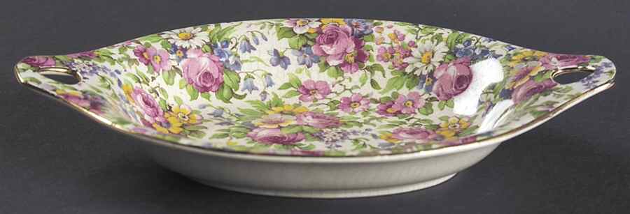 Summertime (Pre 1960, Cream Background, Gold Trim) 8" Oval Sweet Meat Dish by Royal Winton-1