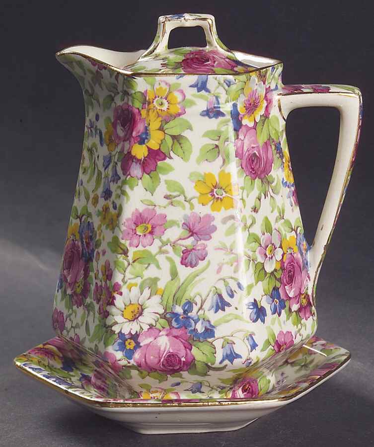 Summertime (Pre 1960, Cream Background, Gold Trim) Sextet Syrup with Lid and Underplate by Royal Winton-1