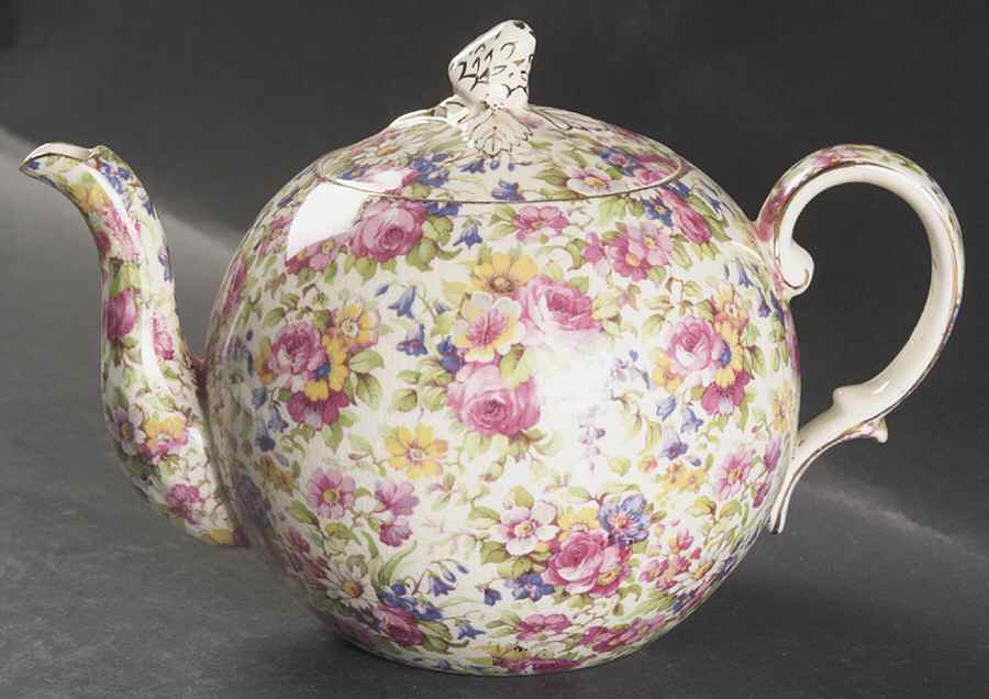 Summertime (Pre 1960, Cream Background, Gold Trim) 4 Cup Elite Teapot & Lid by Royal Winton-1