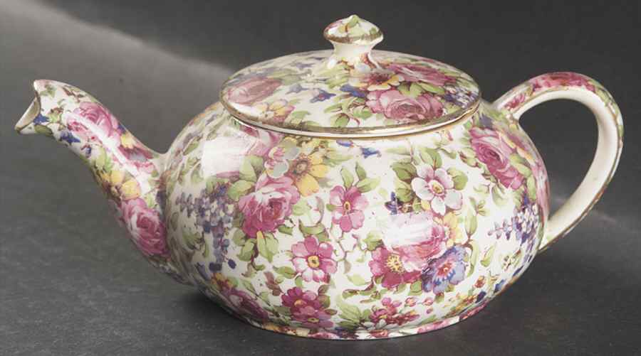 Summertime (Pre 1960, Cream Background, Gold Trim) Mini Stacking Teapot & Lid by Royal Winton-1