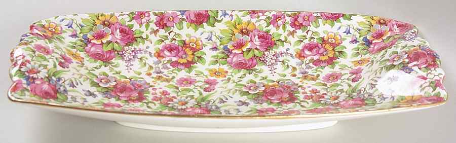 Summertime (Pre 1960, Cream Background, Gold Trim) 11" Scalloped Ends Oblong Tray by Royal Winton-1
