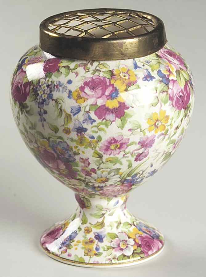 Summertime (Pre 1960, Cream Background, Gold Trim) 4" Bulbous Vase by Royal Winton-1