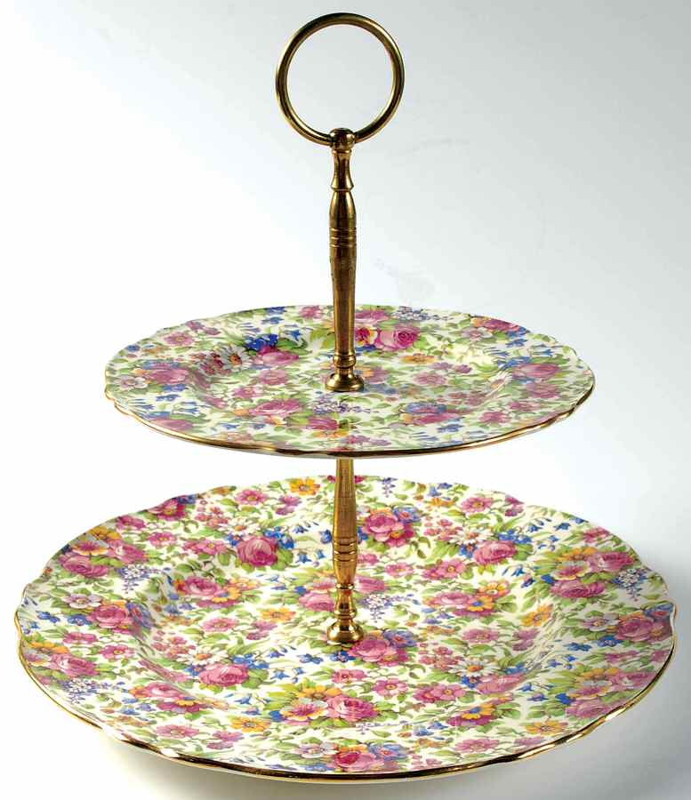 Summertime (Pre 1960, Cream Background, Gold Trim) 2 Tiered Serving Tray (Dinner & Dessert Plates) by Royal Winton-1