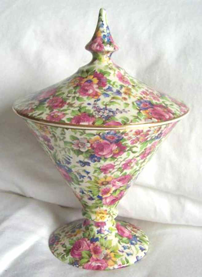 Summertime (Pre 1960, Cream Background, Gold Trim) Gordon Candy Jar & Lid by Royal Winton-1