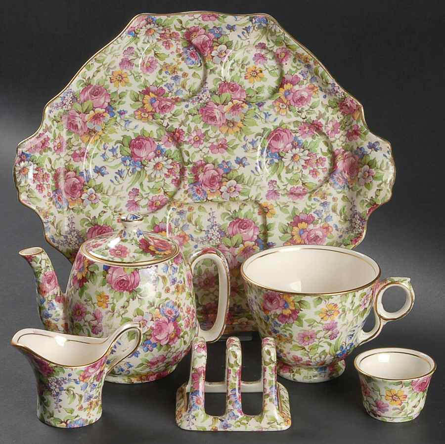 Summertime (Pre 1960, Cream Background, Gold Trim) 6-Piece Breakfast Set (Footed Cup) by Royal Winton-1
