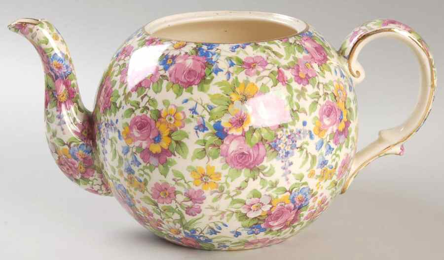 Summertime (Pre 1960, Cream Background, Gold Trim) 3 Cup Elite Teapot No Lid by Royal Winton-1