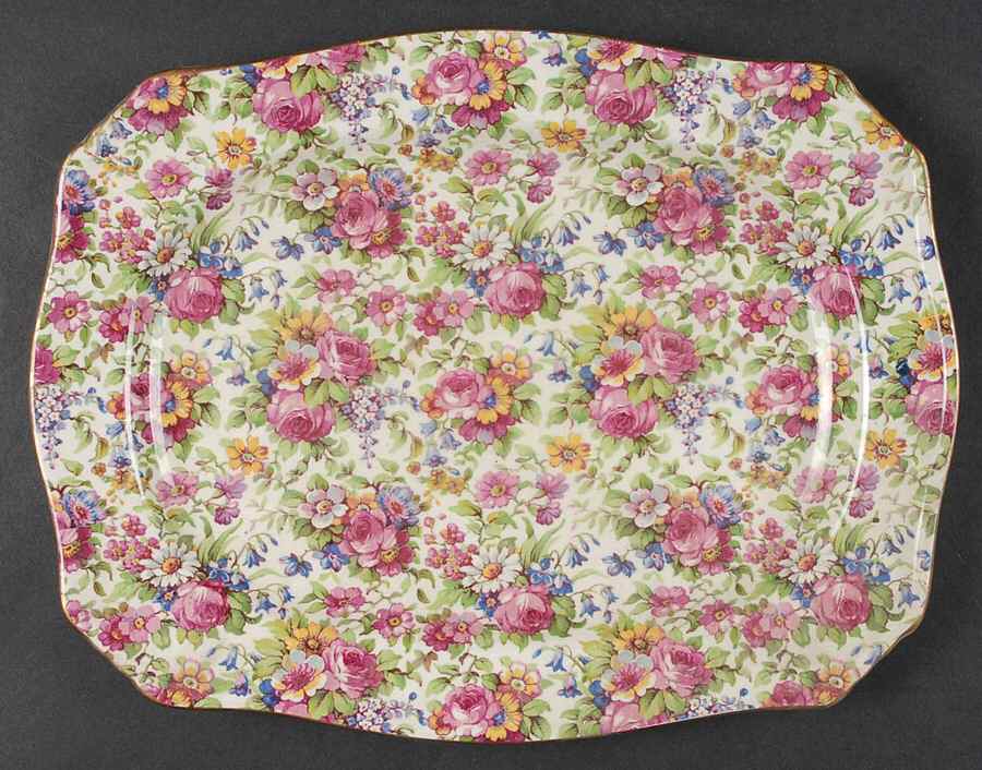 Summertime (Pre 1960, Cream Background, Gold Trim) 11" Rectangular Serving Platter by Royal Winton-1