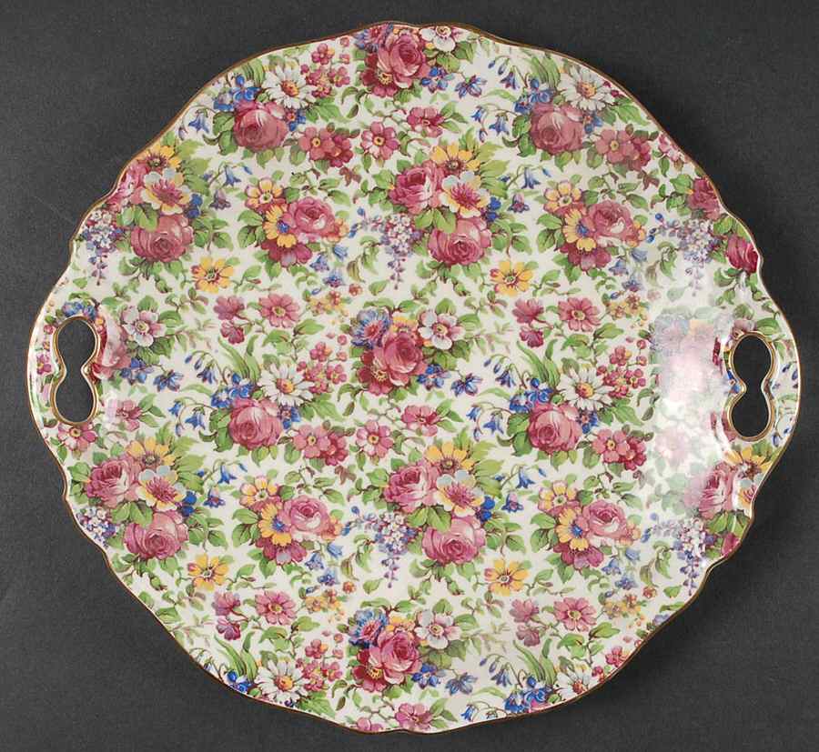 Summertime (Pre 1960, Cream Background, Gold Trim) Handled Cake Plate by Royal Winton-1