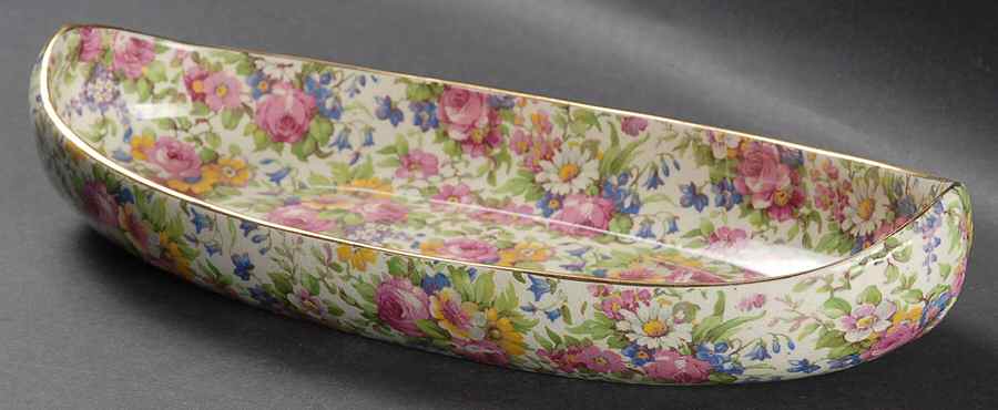 Summertime (Pre 1960, Cream Background, Gold Trim) Canoe Shape Tray by Royal Winton-1