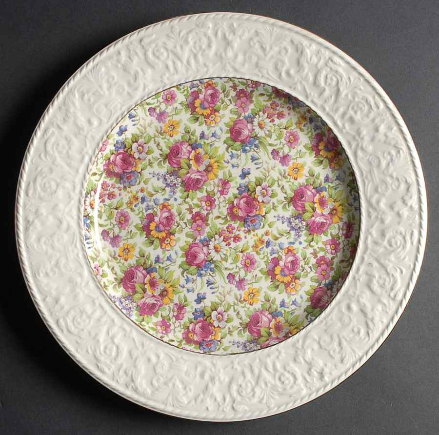 Summertime (Pre 1960, Cream Background, Gold Trim) Dinner Plate wWedgwood Border by Royal Winton-1