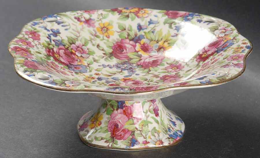 Summertime (Pre 1960, Cream Background, Gold Trim) Low "Eaton" Comport by Royal Winton-1