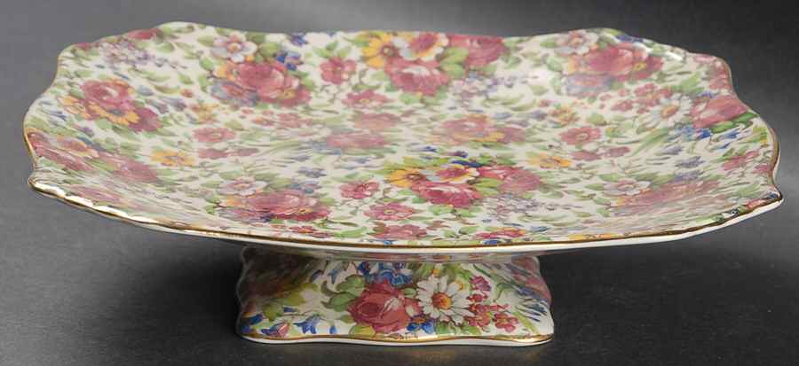 Summertime (Pre 1960, Cream Background, Gold Trim) Square Low Compote by Royal Winton-1