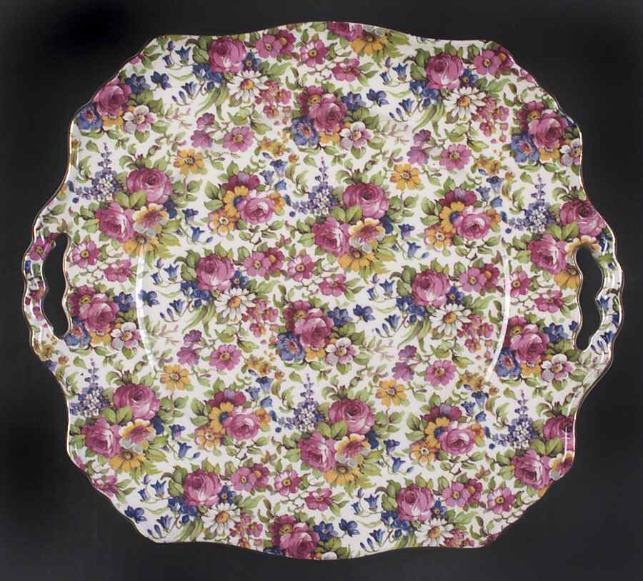 Summertime (Pre 1960, Cream Background, Gold Trim) Ascot Square Handled Cake Plate by Royal Winton-1