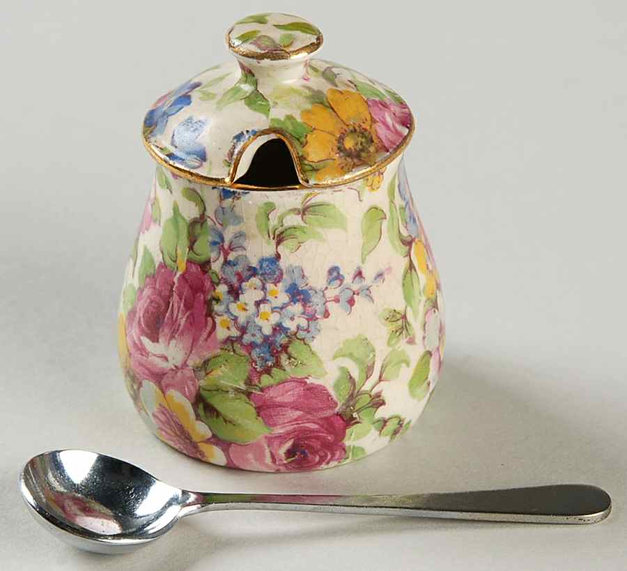 Summertime (Pre 1960, Cream Background, Gold Trim) Mustard Jar & Lid with Spoon by Royal Winton-1