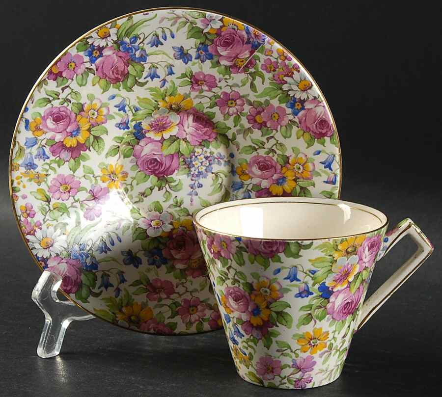 Summertime (Pre 1960, Cream Background, Gold Trim) Flat Cup & Saucer Set by Royal Winton-1