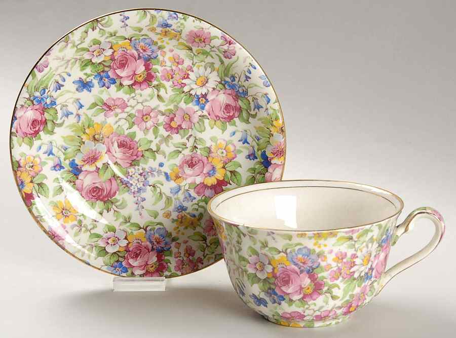 Summertime (Pre 1960, Cream Background, Gold Trim) Flat Cup & Saucer Set by Royal Winton-1