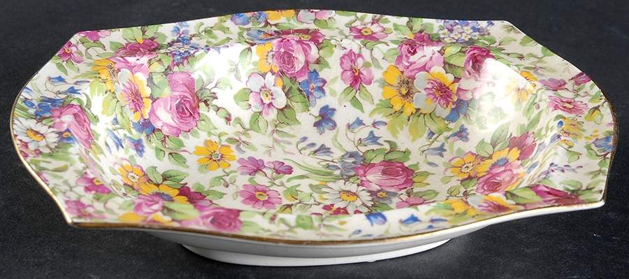 Summertime (Pre 1960, Cream Background, Gold Trim) Oval Open Candy Dish by Royal Winton-1