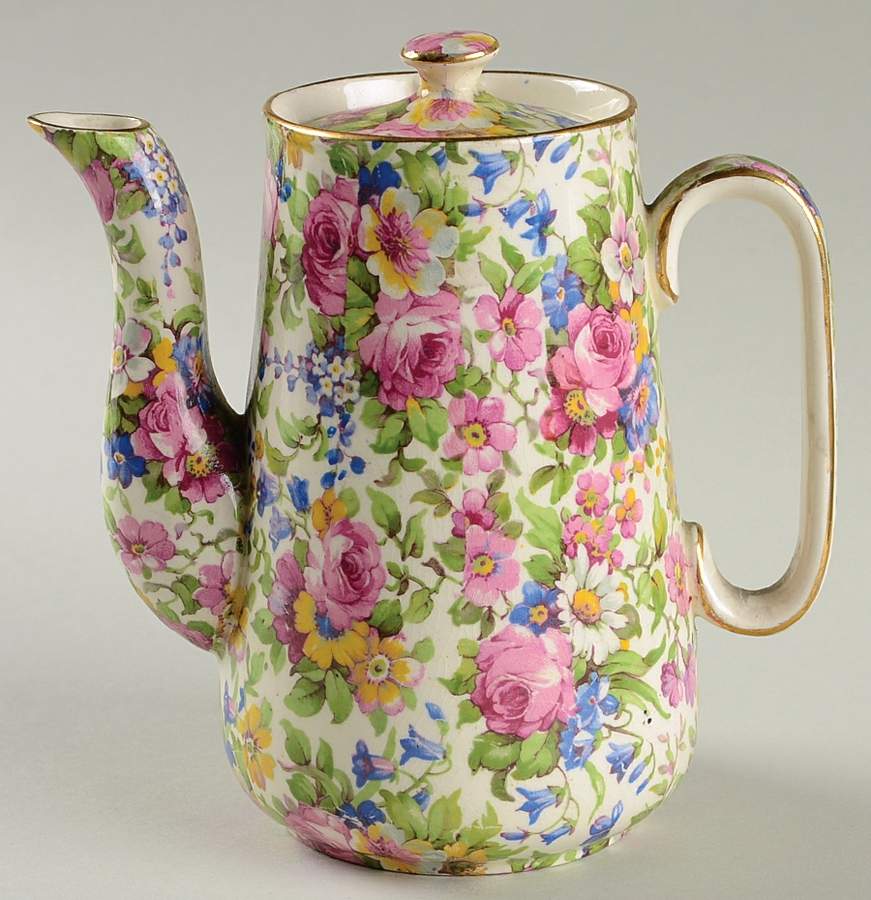 Summertime (Pre 1960, Cream Background, Gold Trim) Individual Coffee Pot & Lid by Royal Winton-1