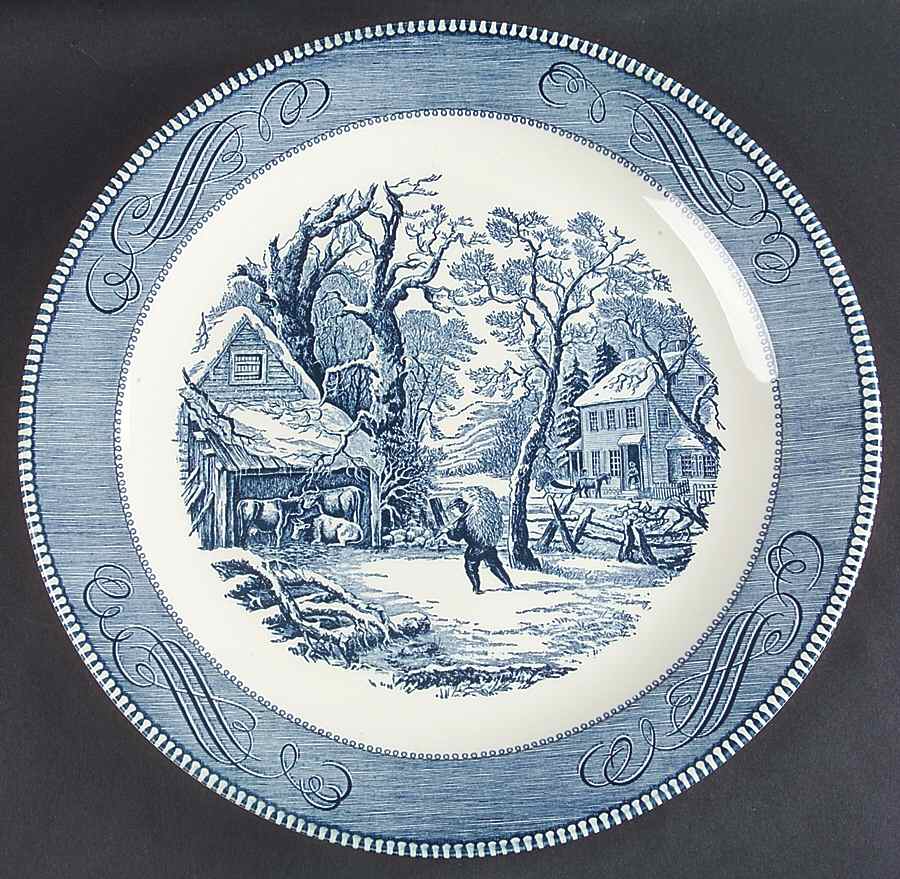 Currier and Ives Blue 13" Chop Plate (Round Platter) by Royal (USA)-1