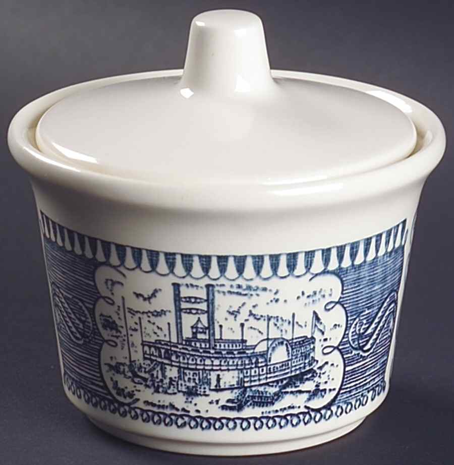 Currier and Ives Blue Sugar Bowl & Lid by Royal (USA)-1