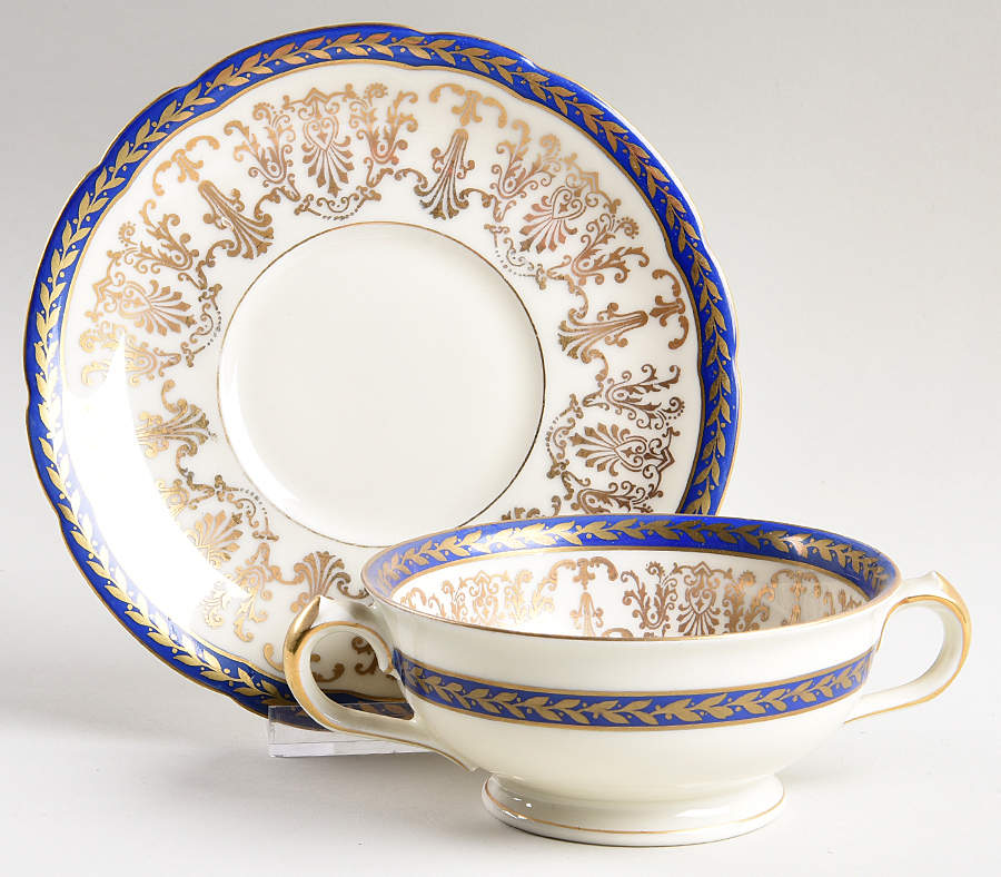 Corinthian Blue Footed Cream Soup Bowl & Saucer Set by Royal Ivory (Czech, Germany)-1