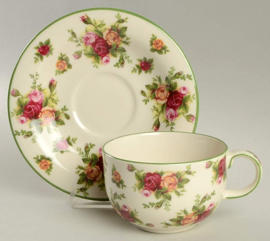 Old Country Roses Cream (Green Trim) Flat Cup & Saucer Set by Royal Albert-1