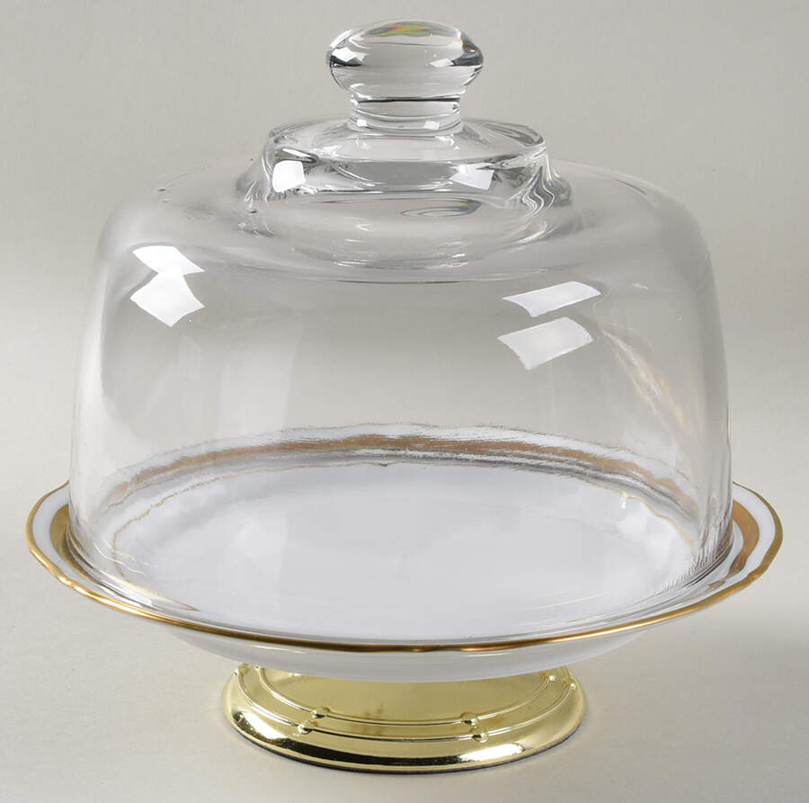 Marie Antoinette Gold on White 6 1/2"-7 1/2" Footed Cheese Plate w/ Glass Dome HC by Raynaud-1