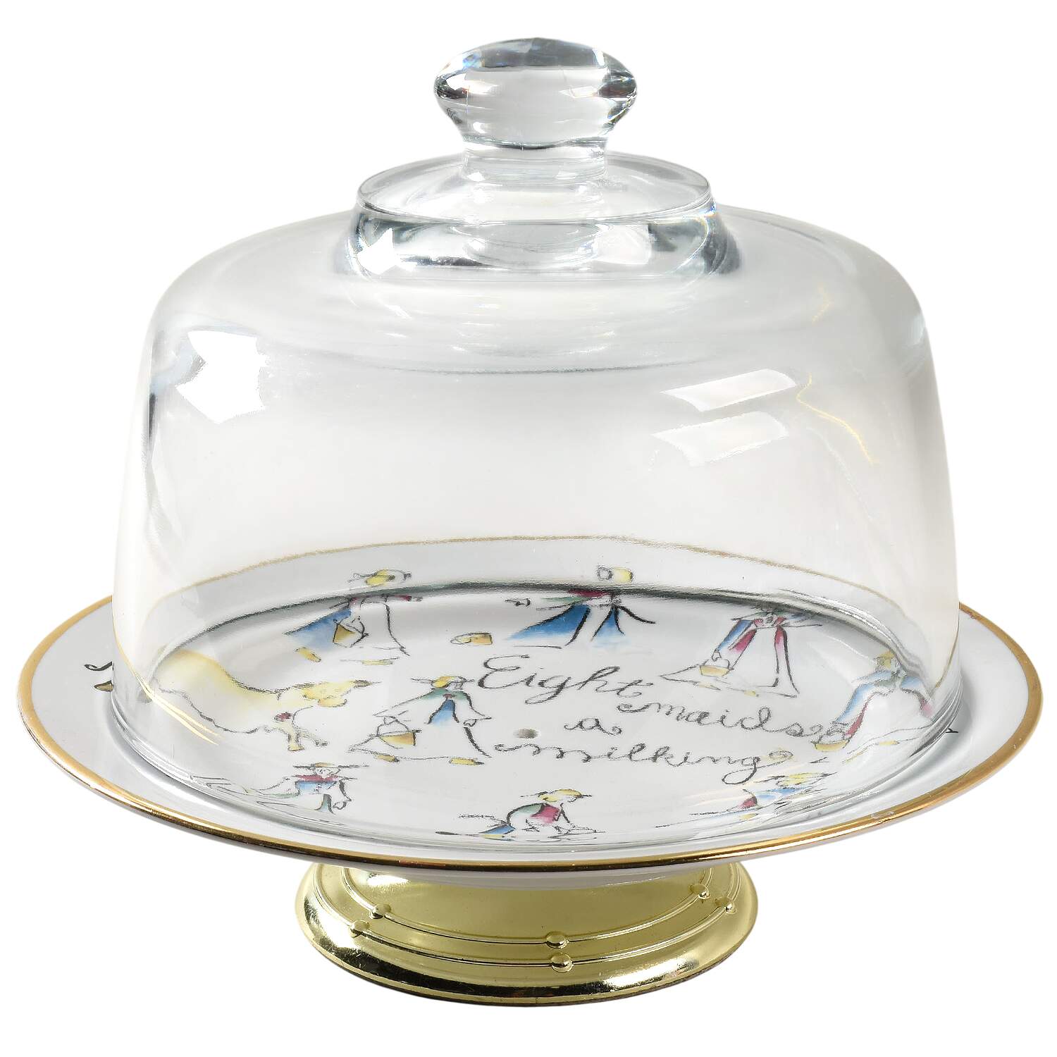 Twelve Days of Christmas (Gold Trim) 6 1/2"-7 1/2" Footed Cheese Plate w/ Glass Dome HC by Rosanna-1