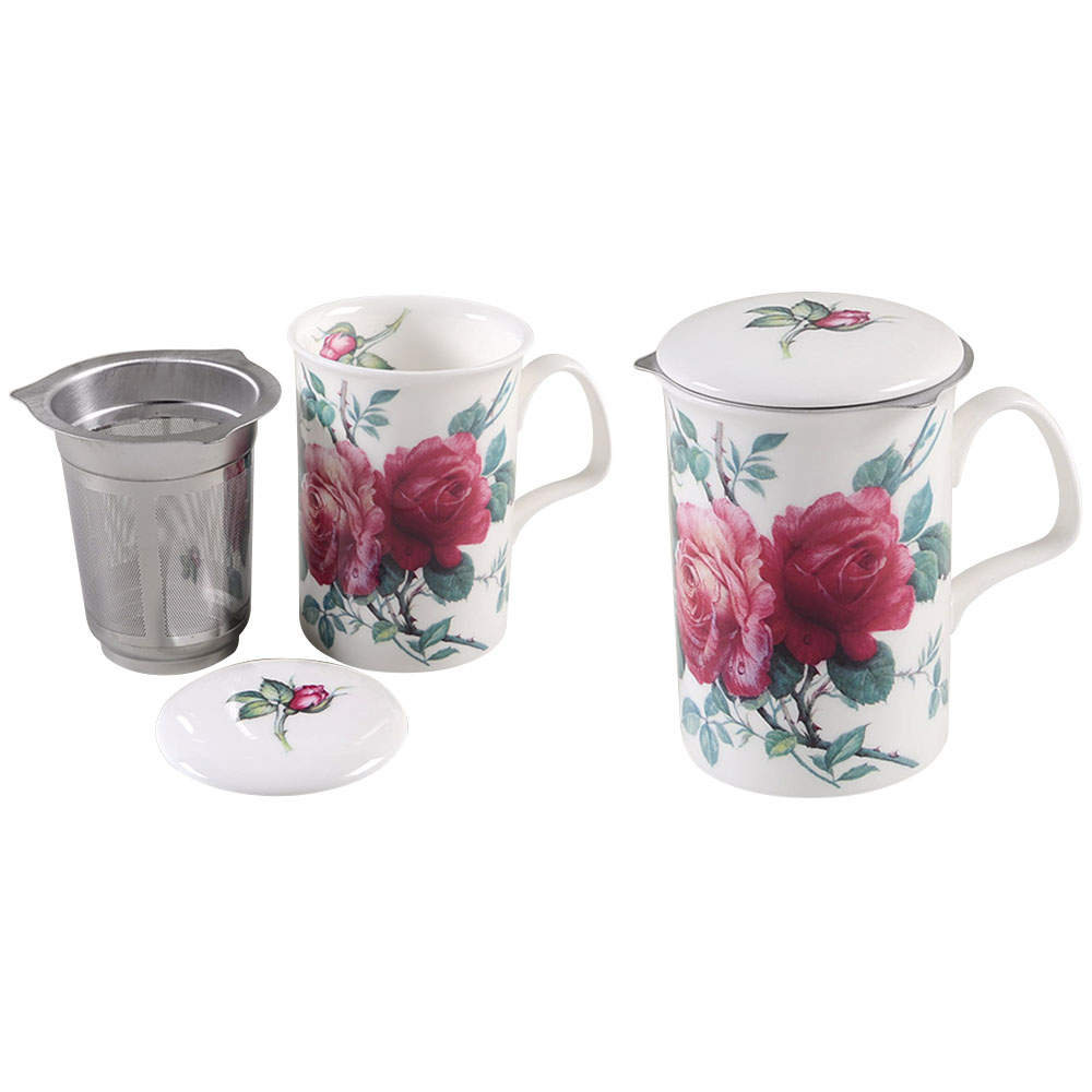 English Rose (Ribbed, No Trim) Lancaster Mug & Lid with Metal Infuser by Roy Kirkham-1