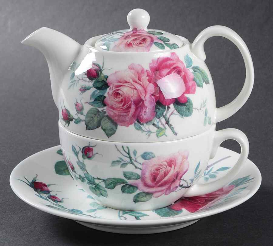 English Rose (Ribbed, No Trim) Tea for One (Stacking Teapot w/Cup & Saucer) by Roy Kirkham-1