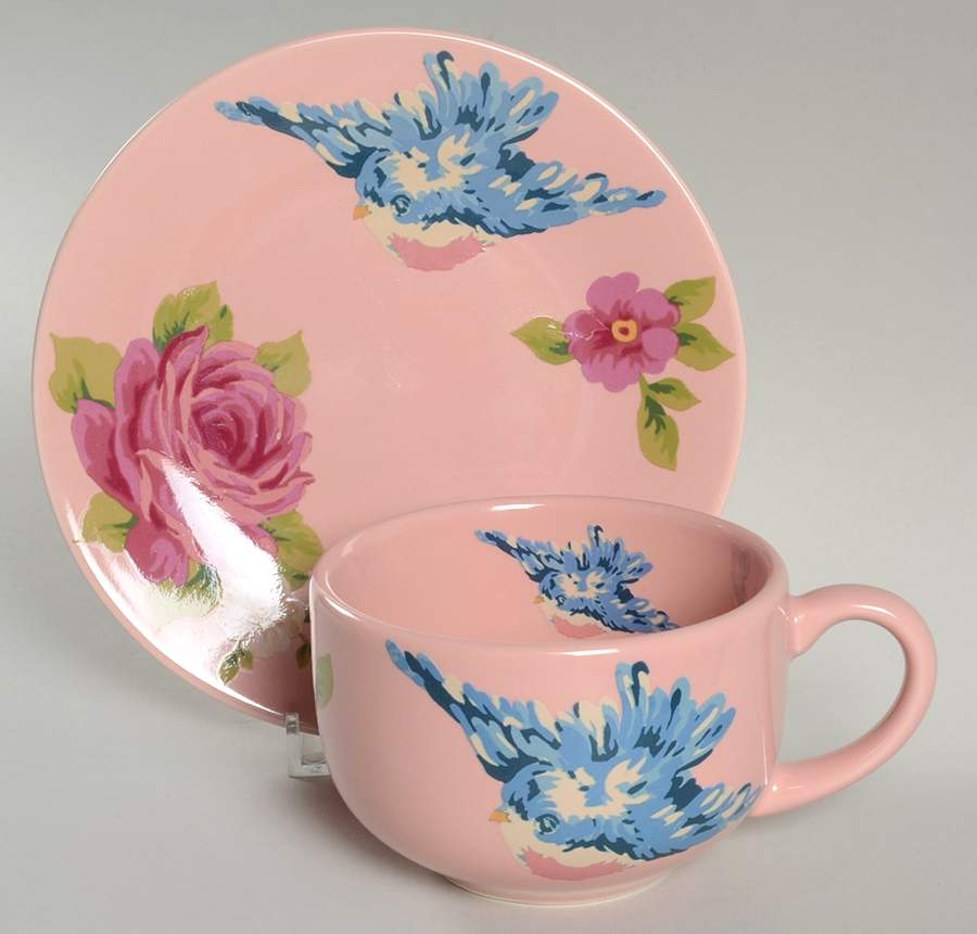 Songbird Garden Pink Flat Cup & Saucer Set by Rosie B Farmer-1
