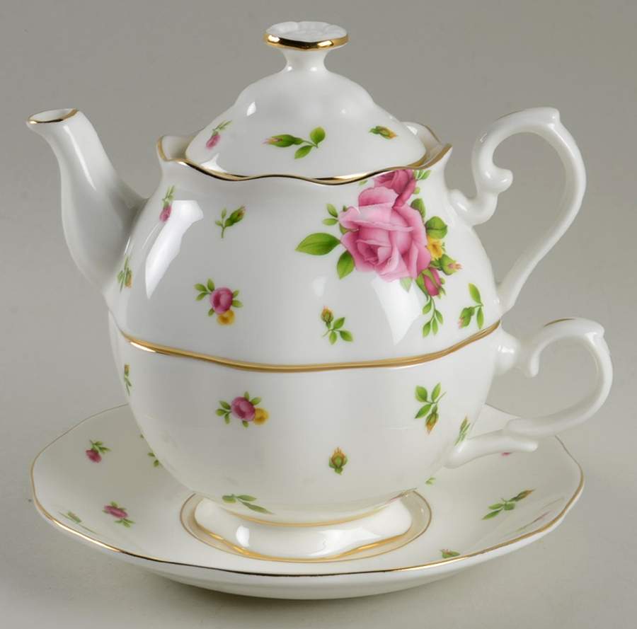 New Country Roses White Individual Teapot & Lid with Cup & Saucer by Royal Albert-1