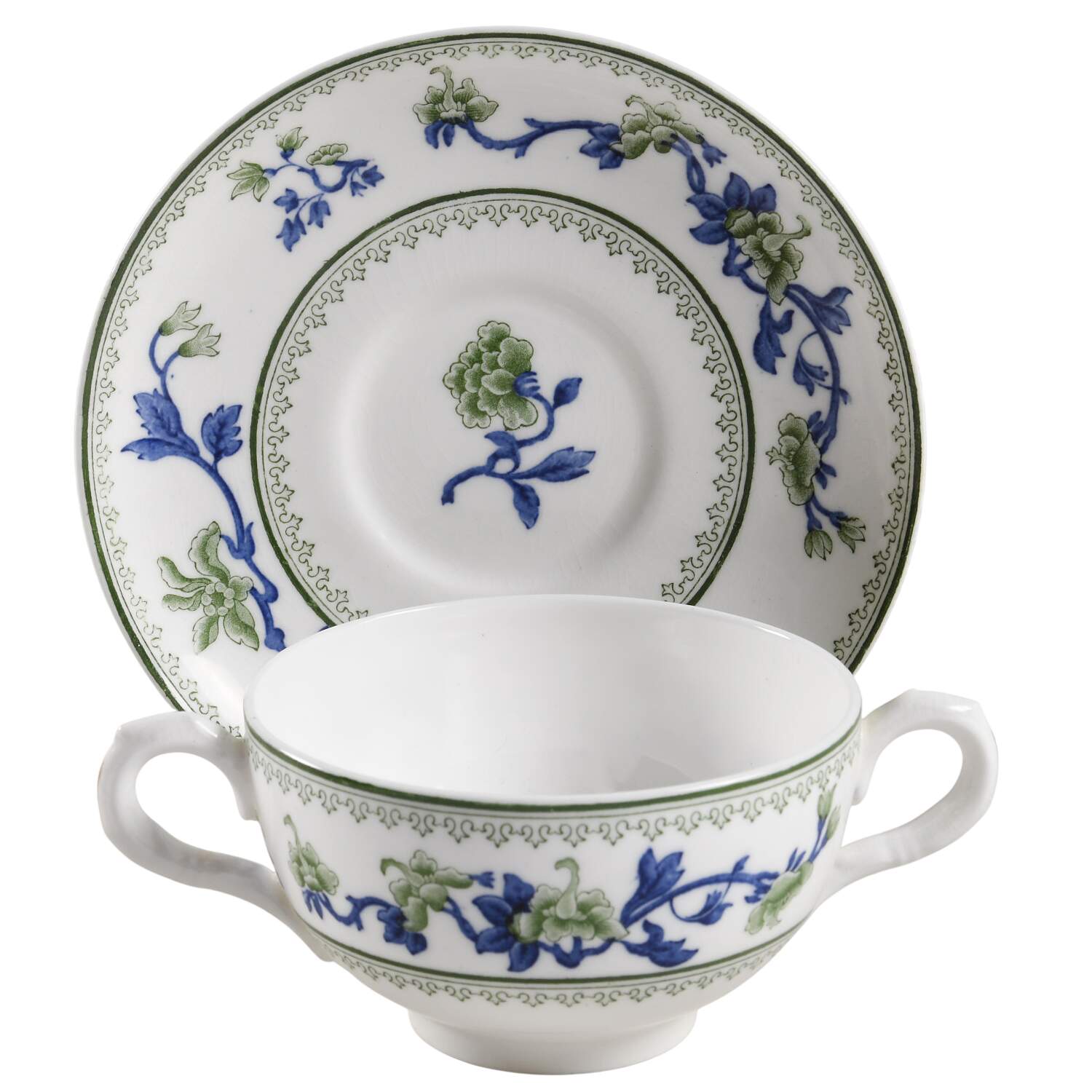 W8464-Green & Blue Footed Bouillon Cup & Saucer by Royal Worcester-1