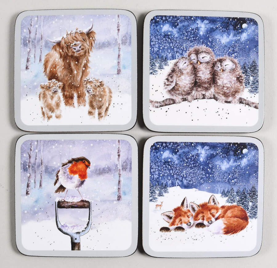 Wrendale Designs Christmas Square Corkback Coaster - Set of 4 Motifs by Royal Worcester-1
