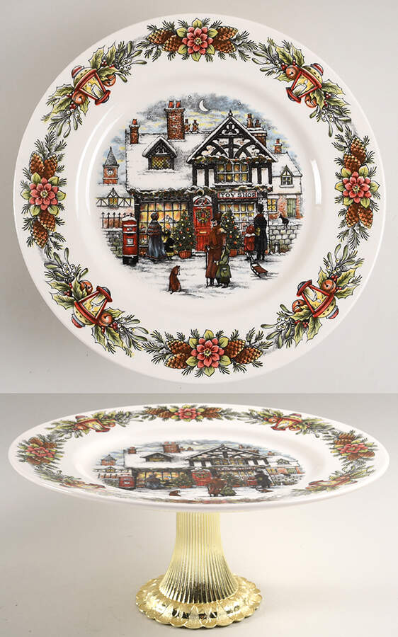 Christmas Toy Shop Cake Stand with 4"-5" Metal Pedestal  Hc by Royal Stafford-1
