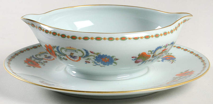 Vieux Chine (Empire, Celadon) Round Gravy Boat/Attached Underplate by Raynaud-1