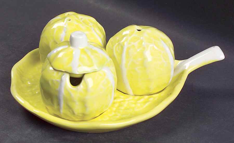 Cabbage Yellow Salt & Pepper, Mustard with Lid & Ceramic Tray by Secla-1